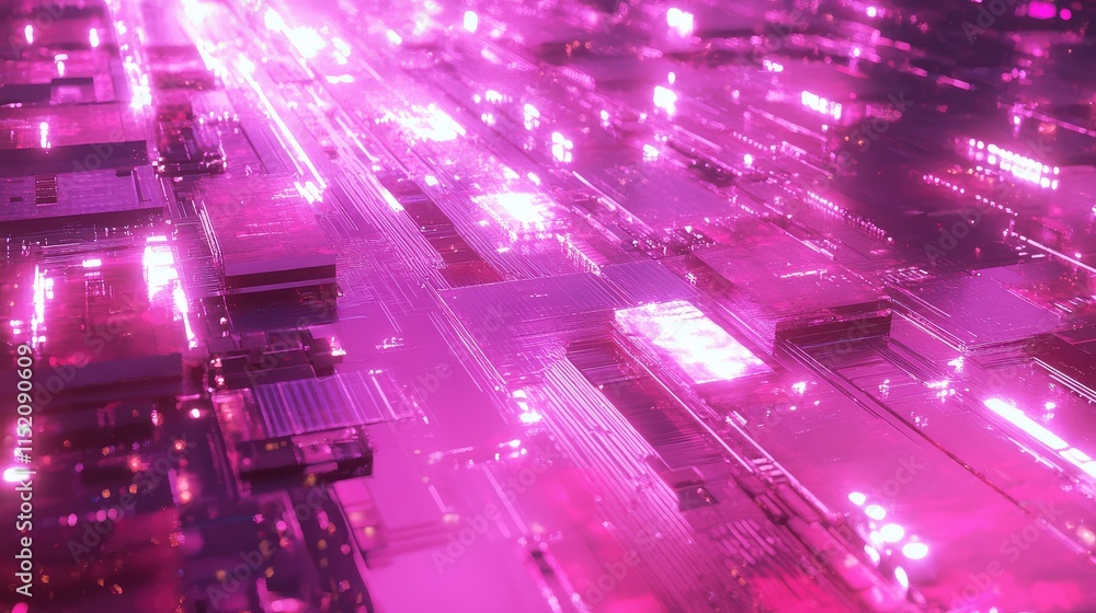 Poster a conceptual design of a microchip circuit board, featuring glowing holographic pathways representin