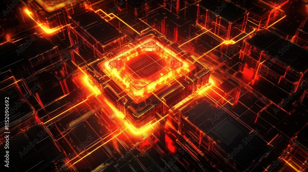 Poster a conceptual design of a microchip with fractal-like circuits, highlighted by glowing neon energy pu