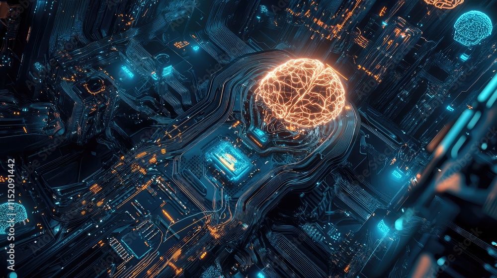 Poster a conceptual design of a next-gen ai microchip, with glowing neural network pathways and futuristic 