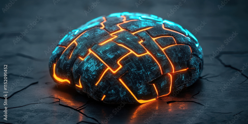 Poster digital brain a close-up image of a metallic ai brain, showcasing intricate details and textures, su