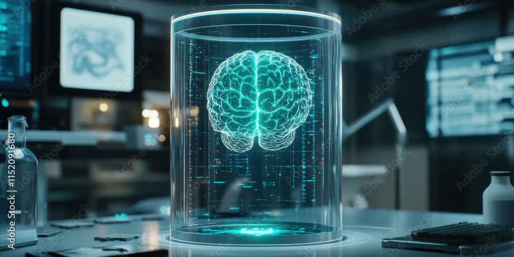 Poster digital brain a detailed image showcasing a futuristic ai brain, highlighting advanced technology an