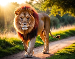 Lion Walking in the African Savanna at Golden Hour