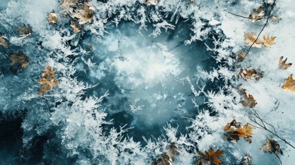 Aerial view of icy water surrounded by intricate frost patterns and autumn leaves.