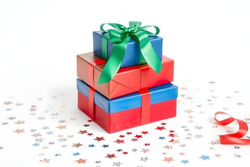 A stack of colorful gift boxes adorned with ribbons, surrounded by festive confetti.