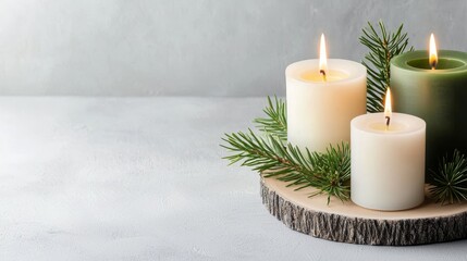Cozy Candlelit Scene with Luminous Candles and Evergreen Decor for Warm Atmosphere