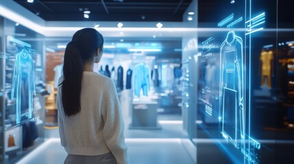 Asian female shopping in high-tech futuristic clothing store with holographic displays