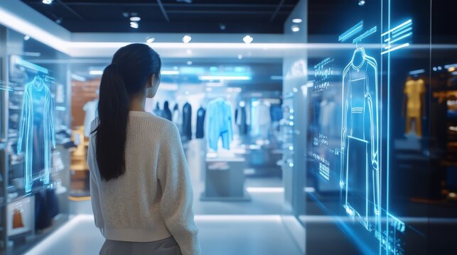 Asian female shopping in high-tech futuristic clothing store with holographic displays
