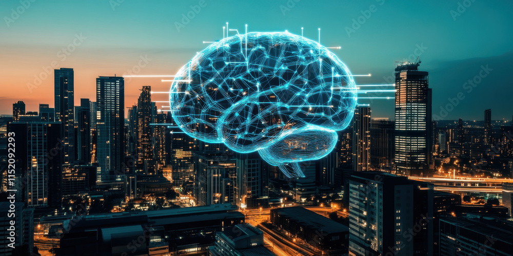 Aufkleber digital brain a vibrant futuristic cityscape illuminated by ai technology, showcasing glowing elemen