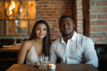 A young Latina girl and an African American man on a date. A couple sits opposite each other in a restaurant. Valentine's Day concept. Love.