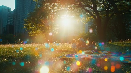 Family Picnic in a Sun-Drenched City Park, Perfect Day for Outdoor Fun and Family Bonding