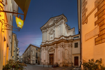Cuneo, Italy: Church of St. Clare ( 18th cent) of the former Poor Clare convent on Savigliano street in the historic center, night vision