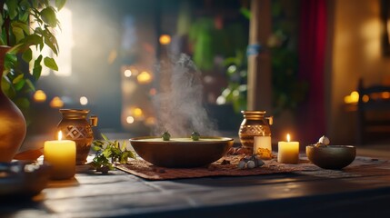 Rustic Candlemas Feast with Comforting Warm Dishes and Soft Candlelight Atmosphere