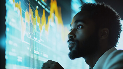 Focused Business Person Analyzes Financial Data on a Display with transparent background.