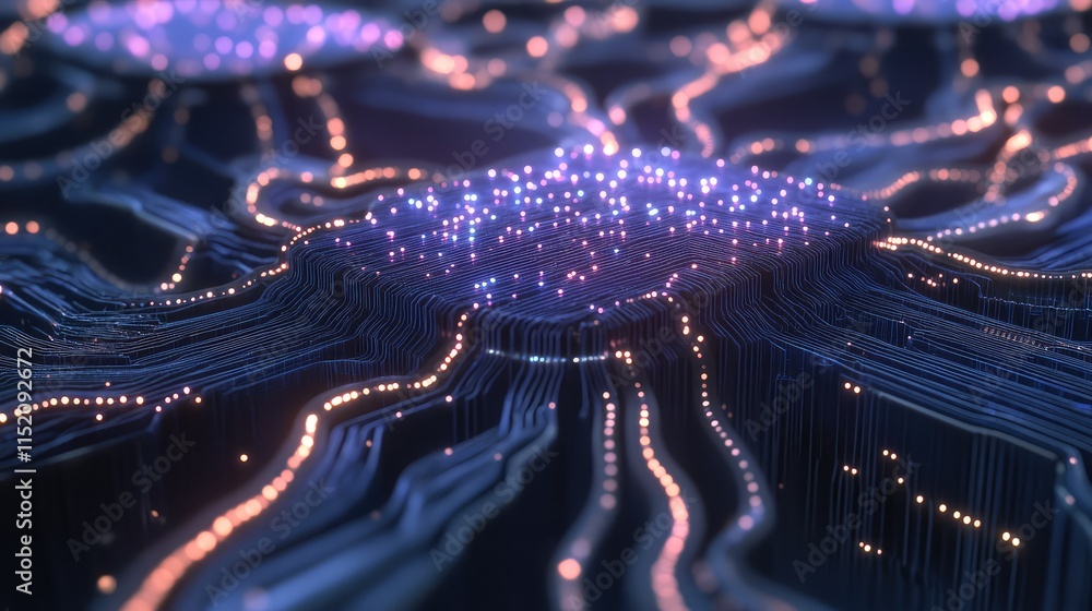 Poster a conceptual design of a next-gen ai microchip, with glowing neural network pathways and futuristic 