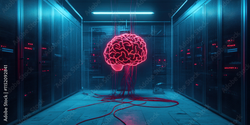 Aufkleber digital brain a futuristic server room featuring an ai brain hovering above, depicting advanced tech