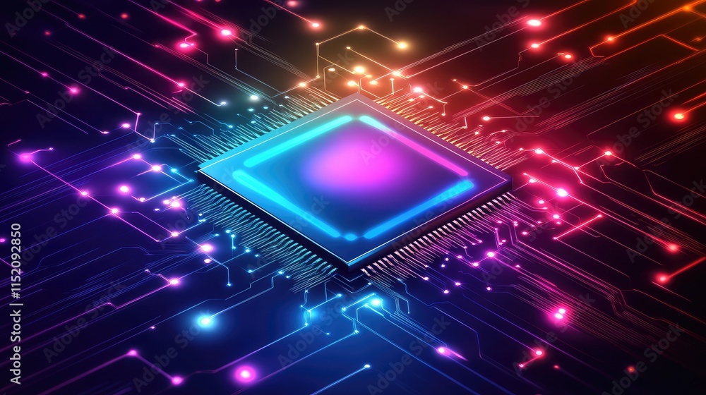 Poster a conceptual digital microchip with neural network pathways, glowing in vibrant colors to represent 