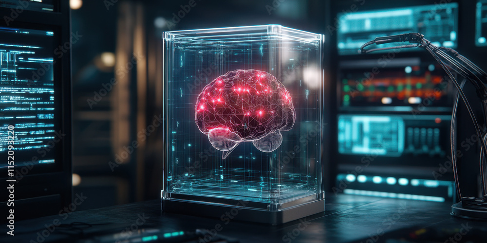 Poster digital brain a glowing ai brain is suspended inside a glass container, showcasing a futuristic and 