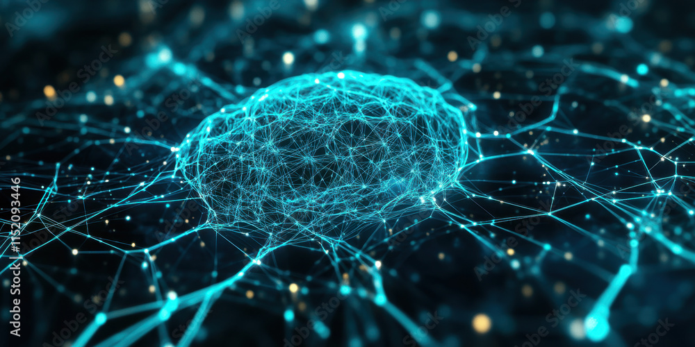 Poster digital brain a macro shot of a glowing ai brain surface, showcasing intricate details and textures,