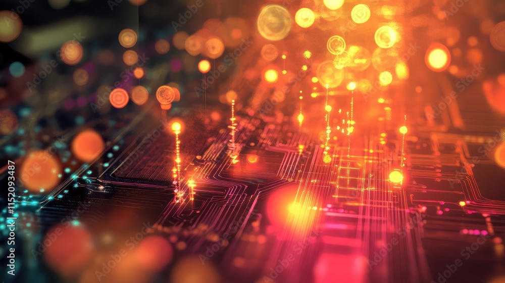 Poster a conceptual illustration of quantum microchip technology, featuring glowing quantum dots and subato