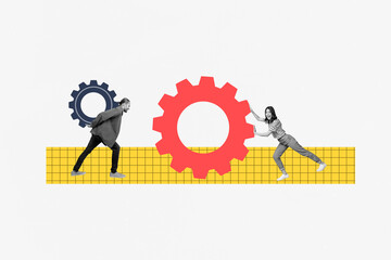 Composite photo collage of two business girl guy carry big gearwheel optimization progress teamwork...