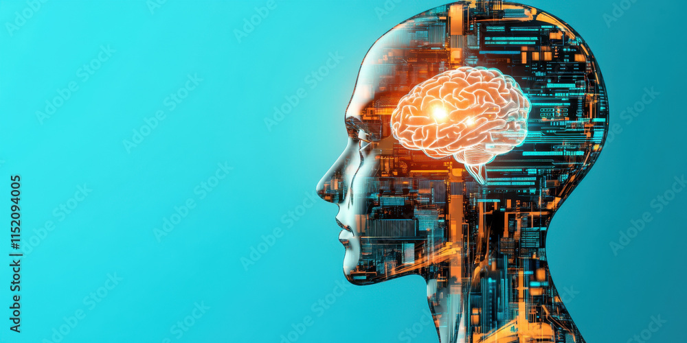 Poster digital brain a photorealistic image of a robot head, showcasing intricate details and a futuristic 