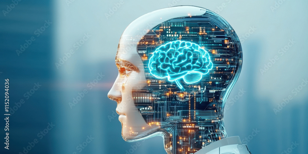 Poster digital brain a photorealistic image of a robotic head, showcasing intricate details and advanced de