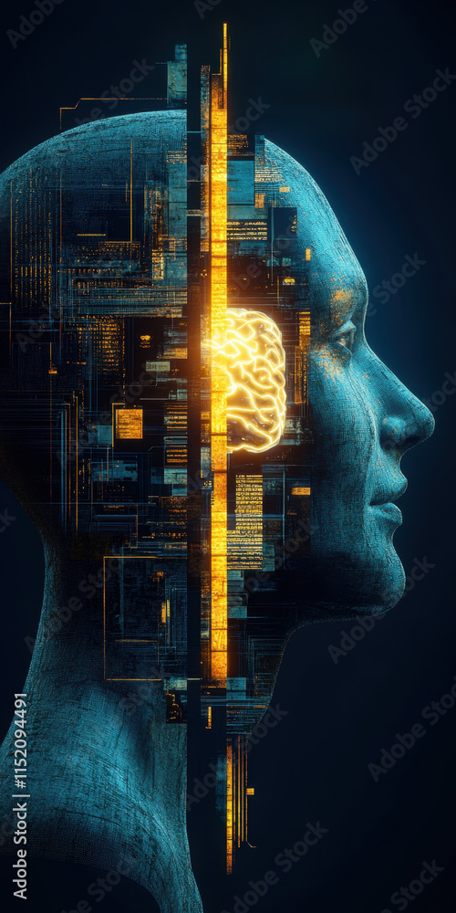 Poster digital brain a photorealistic image of a robotic head, showcasing intricate details and advanced te