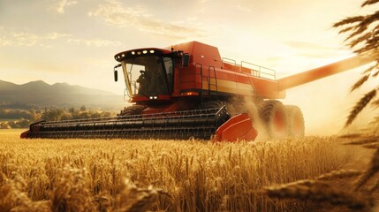 Obraz premium Modern Combine Harvester in Golden Countryside Light
