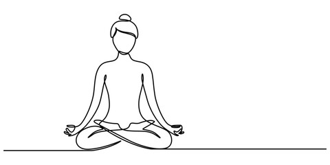 Single line drawing of a girl sitting in a yoga pose. Doodle illustration of relaxing workout, One continuous single line of woman sitting yoga isolated on white background, Person sitting in lotus. 
