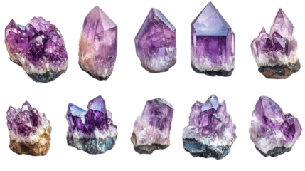set of amethyst stones isolated on white background 