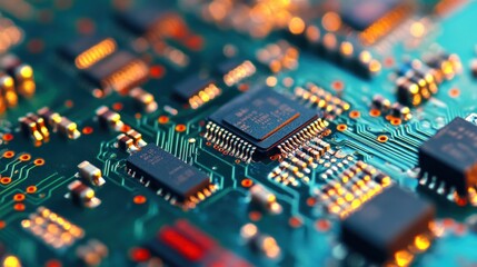 Obraz premium Close-up of a circuit board showcasing intricate electronic components and connections.