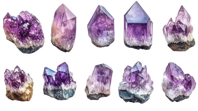 set of amethyst stones isolated on white background 