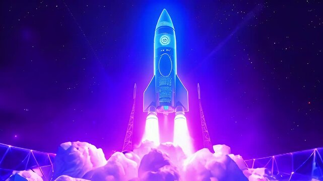 A futuristic rocket launching into space, surrounded by vibrant colors and clouds.