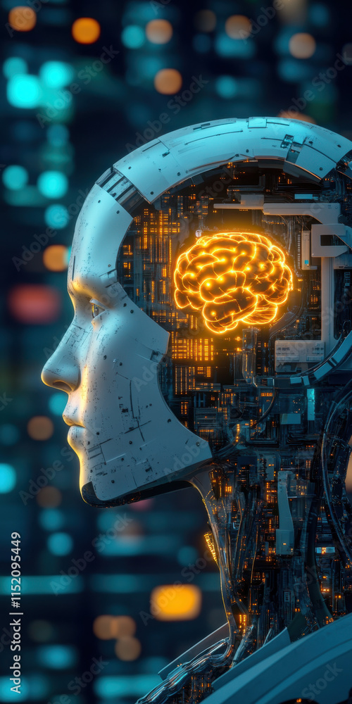 Poster digital brain a detailed image of a robotic head showcasing an ai brain, perfect for technology and 