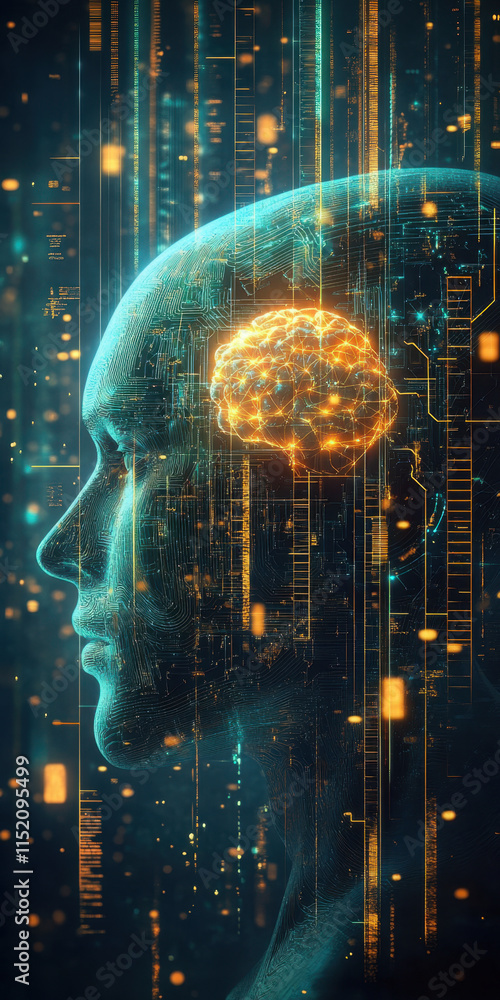 Poster digital brain a futuristic image of a robotic head showcasing an ai brain visibly integrated within,