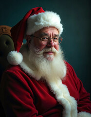 Naklejka premium A man in a red Santa suit with a white hat and glasses. He is smiling and looking at the camera