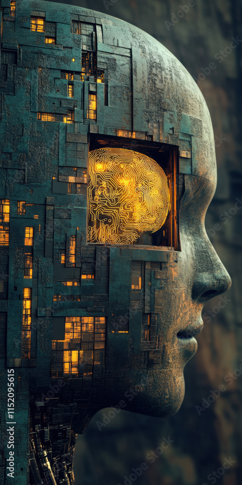 Poster digital brain a detailed image of a robotic head showcasing an ai brain, ideal for technology and in