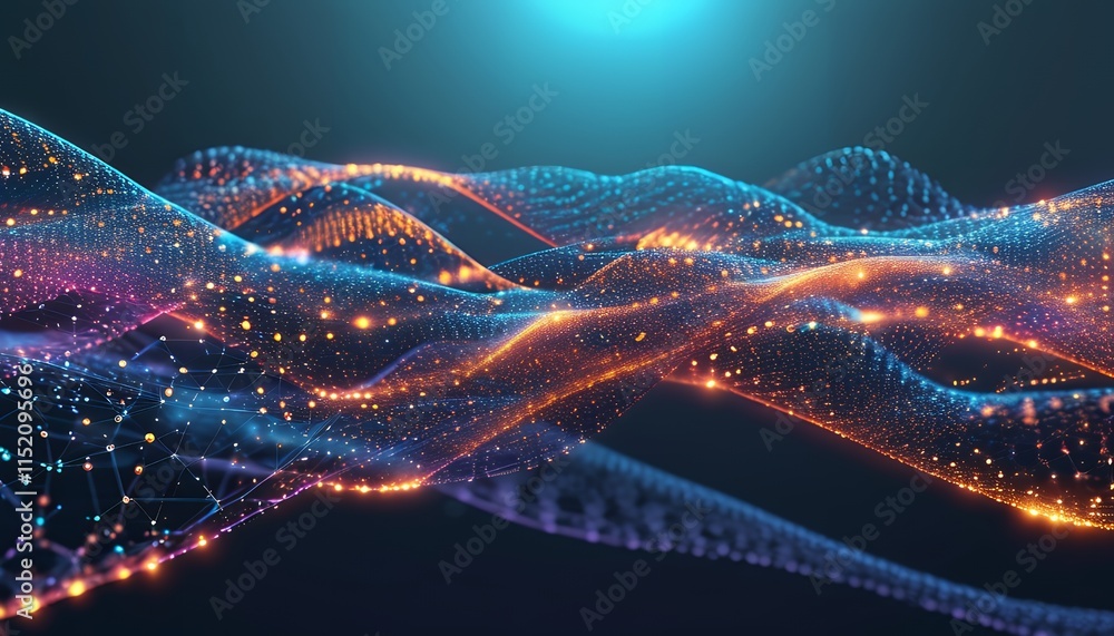 Poster abstract digital waveform: glowing particle network in vibrant hues