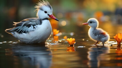 A  Heartwarming Encounter: Adult and Baby White-faced Whistling Duck in Golden Hour