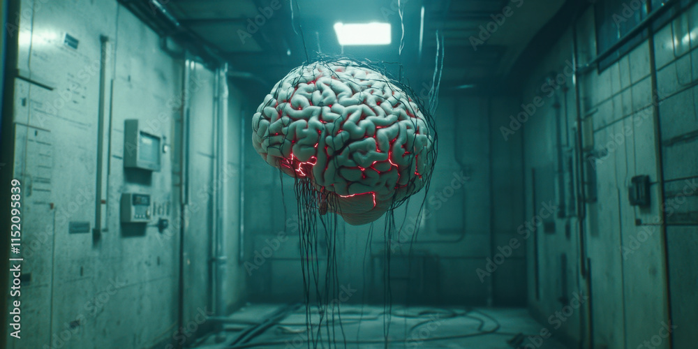 Poster digital brain an ai brain is depicted in a zero-gravity environment, showcasing a futuristic and sur