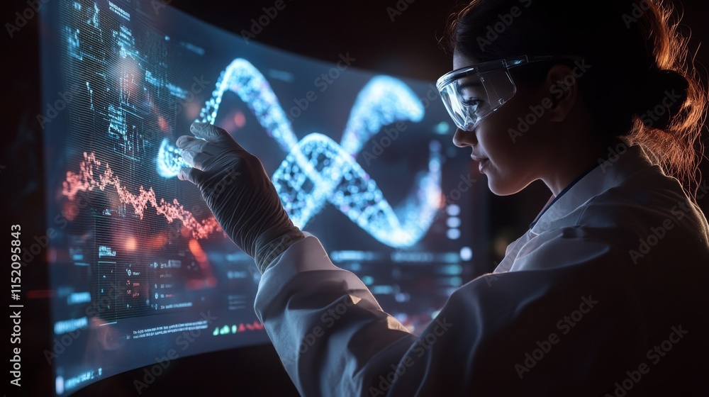 Fototapete A researcher in a lab setting is focused on analyzing complex genetic data displayed on a large screen.