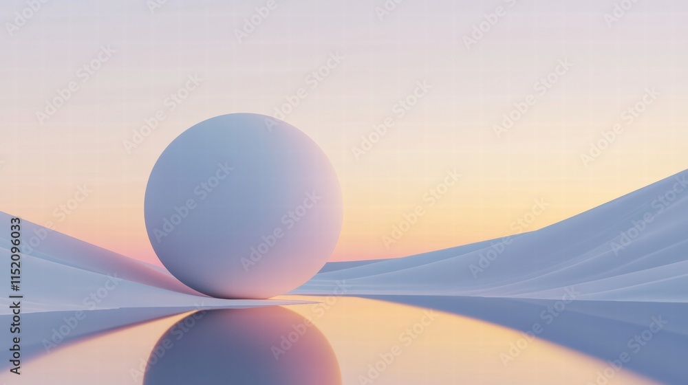 Poster surreal tech landscape with luminous objects and floating sphere at sunset
