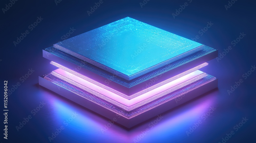 Poster a conceptual microchip with a layered design, featuring nanotechnology circuits glowing in soft blue