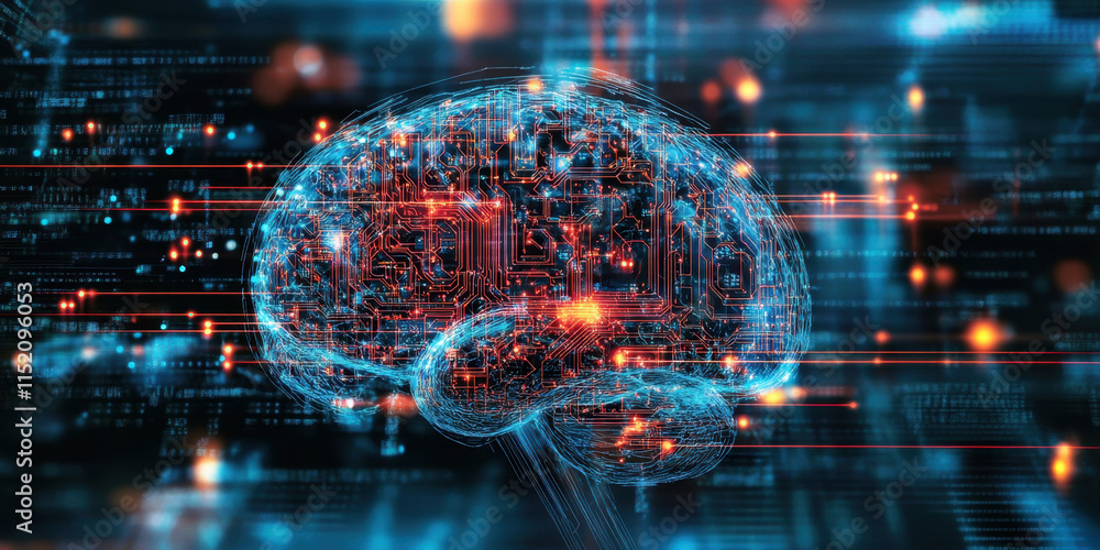 Poster digital brain a surreal image depicting an ai brain integrated with circuit board elements, showcasi