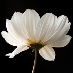 Fototapeta premium A white flower against a black background, creating a striking contrast that highlights the flower's delicate details and purity.