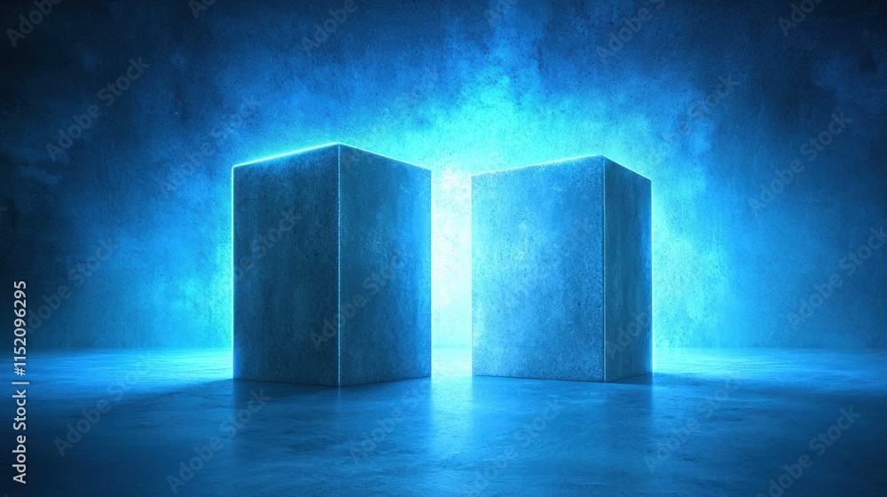 Poster futuristic tech monoliths with glowing reflections in a surreal environment