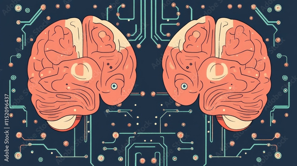 Poster illustration of two brains interconnected with circuitry, symbolizing technology and cognition.