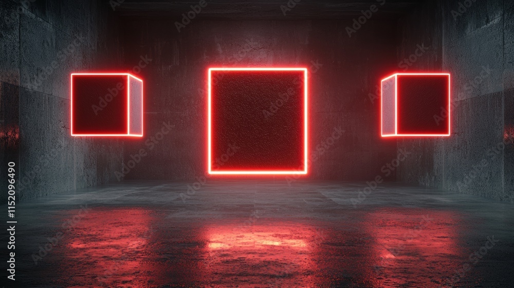 Aufkleber abstract floating neon cubes in dark illuminated space with glowing edges