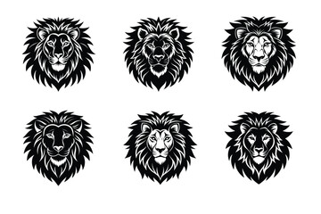 Wild roaring lion king head Silhouette set. Tatto vector illustration