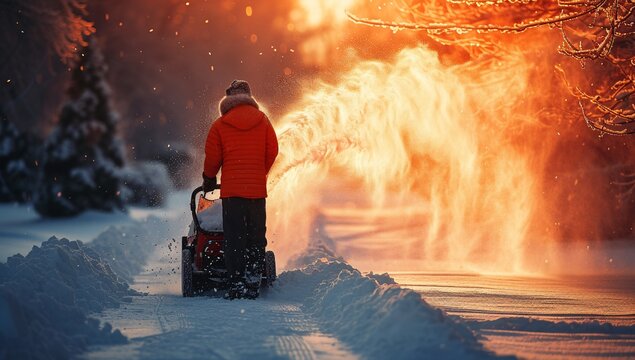A person in an orange jacket clears a snowy path at sunset, with warm light contrasting the cold landscape, creating a serene winter scene.